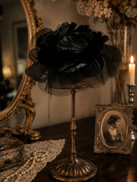 betmar Accessories - Vintage Betmar Black Floral Fascinator Hat Tulle Made in USA